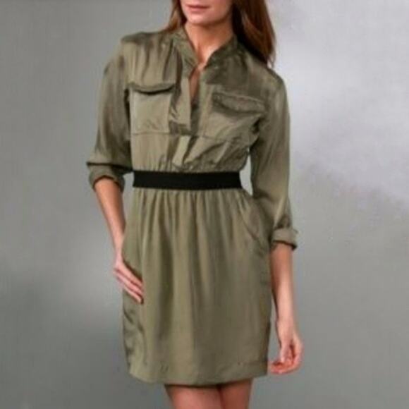Theory Olive Green SILK Utility Shirt Dress Size 2 Preppy Button Front Mini - Picture 1 of 10
